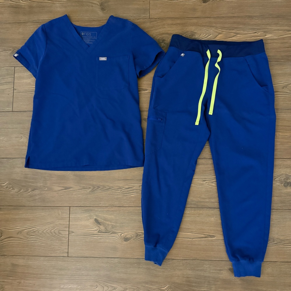 Figs Blue Scrub Set with Neon Accents
